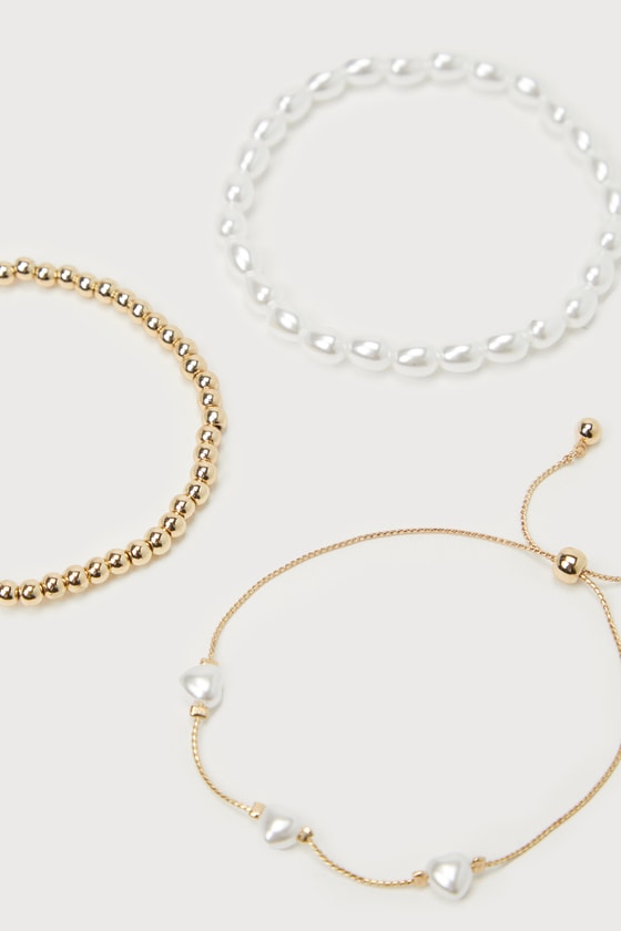 Lulus Encountering Elegance Gold Pearl 3-piece Bracelet Set In Gold