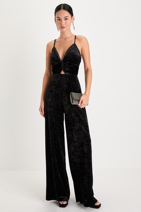 Lady Glams Fashion Black Velvet Slim Flare Pants Jumpsuit