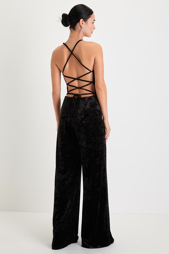 Black Lace-Up Jumpsuit - Crushed Velvet Jumpsuit - Sexy Jumpsuit - Lulus