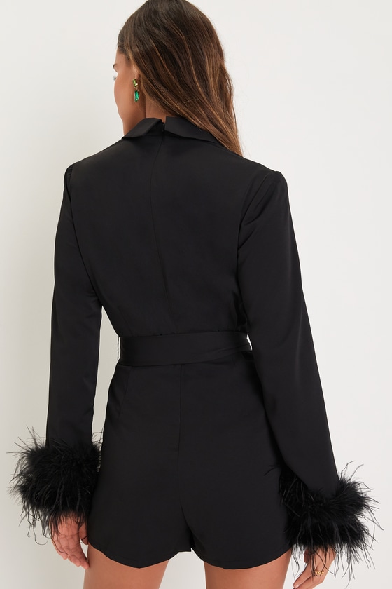 Chic Black Collared Romper - Feather Romper - Surplice Romper - Lulus
