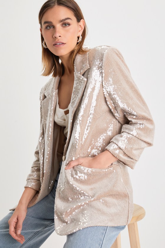 Radiant Behavior Beige Sequin Ruched Sleeve Blazer 1