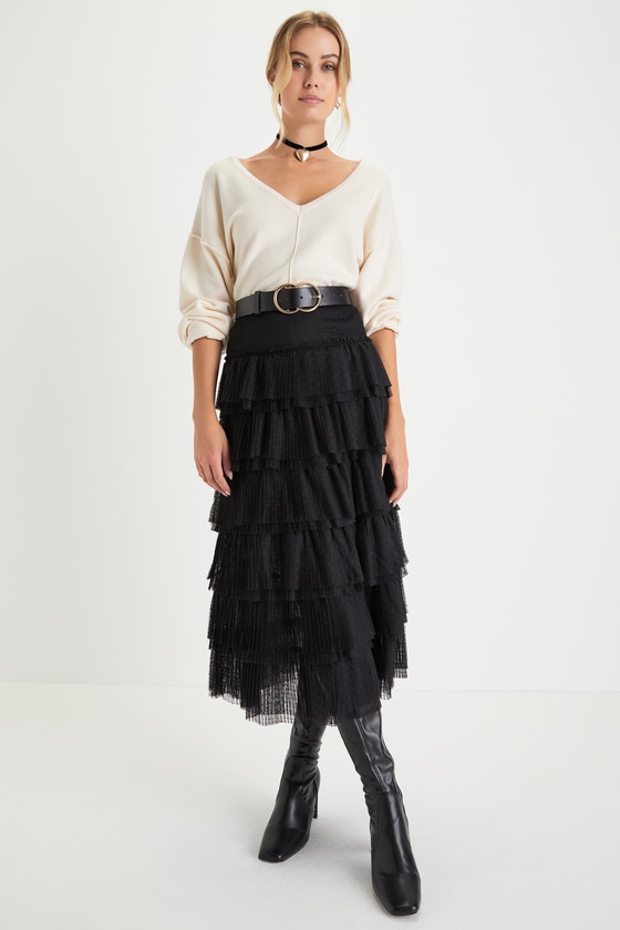 Chic Cutie Black Tulle Swiss Dot Tiered Midi Skirt 1