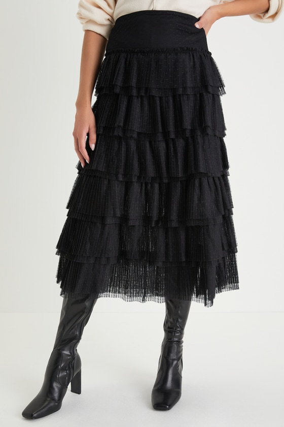 Chic Cutie Black Tulle Swiss Dot Tiered Midi Skirt 2