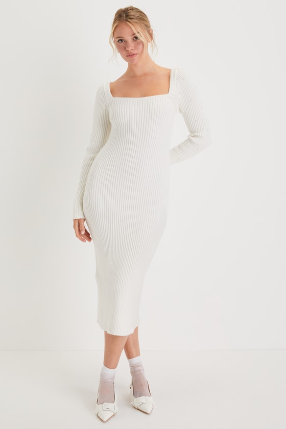 Gleaming Babe White Ribbed Knit Pearl Midi Sweater Dress