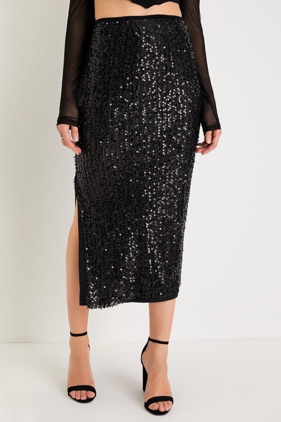 Glittering Style Black Sequin Mesh High-Rise Midi Skirt 1
