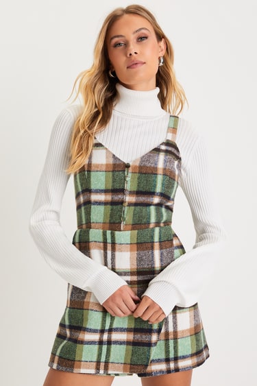 Skort Order Green and Brown Plaid Sleeveless Romper
