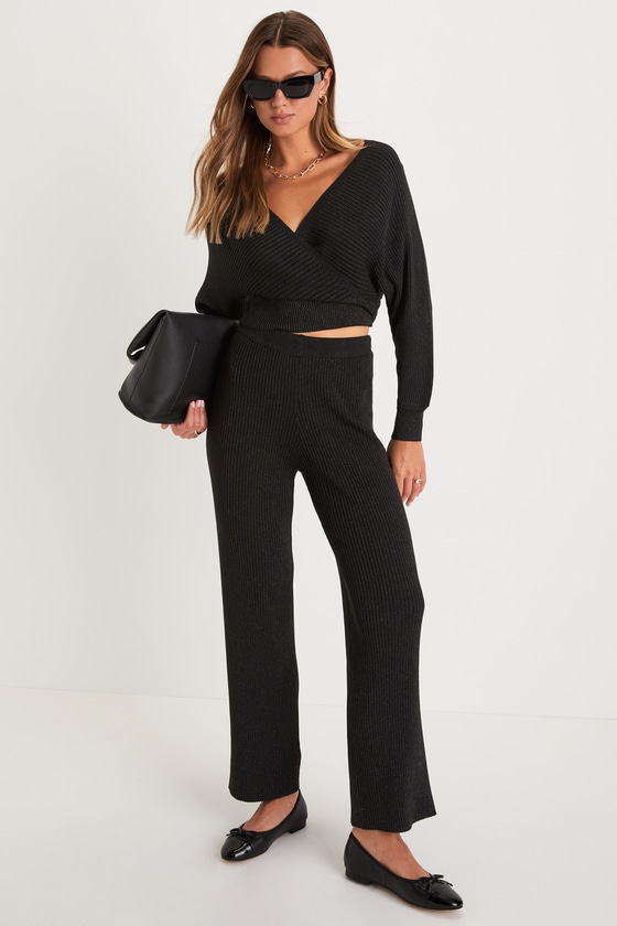 Black Lurex Sweater - Surplice Sweater Top - Long Sleeve Top - Lulus