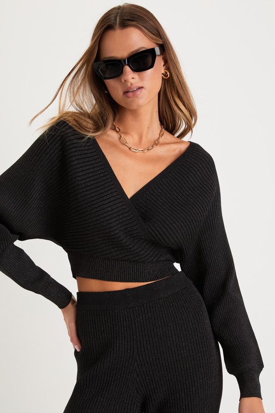Luxe Weekend Black Ribbed Surplice Long Sleeve Sweater Top 4