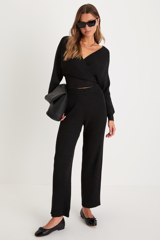 Luxe Weekend Black High-Rise Ribbed Wide-Leg Sweater Pants 1