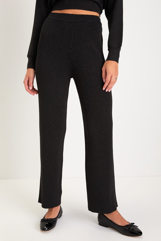 Black Lurex Pants - Ribbed Knit Pants - High-Rise Sweater Pants - Lulus