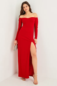 Classic Allure Red Off-the-Shoulder Long Sleeve Maxi Dress