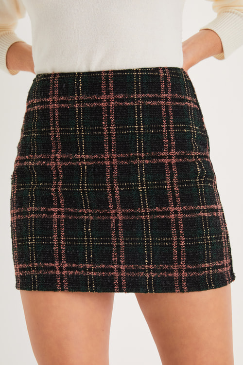 Timelessly Cute Black and Pink Plaid Tweed Mini Skirt