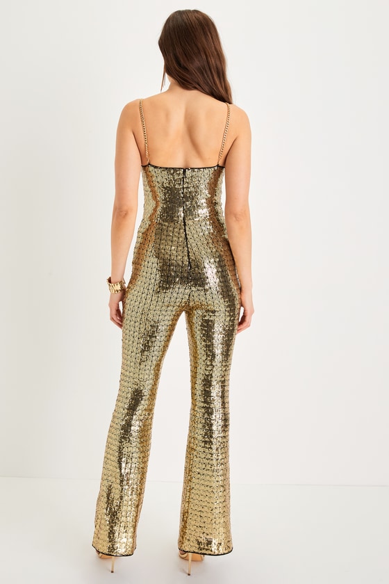 Gold Sequin Jumpsuit - Chain Strap Jumpsuit - Bustier Jumpsuit - Lulus