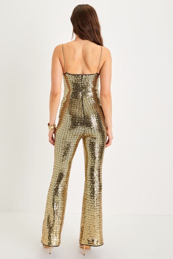 Sensational Glow Gold Sequin Chain Strap Bustier Jumpsuit 2