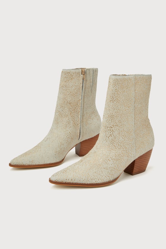 Matisse Caty Gold Splatter Cowhair Mid-calf Pointed-toe High Heel Boots In Gold
