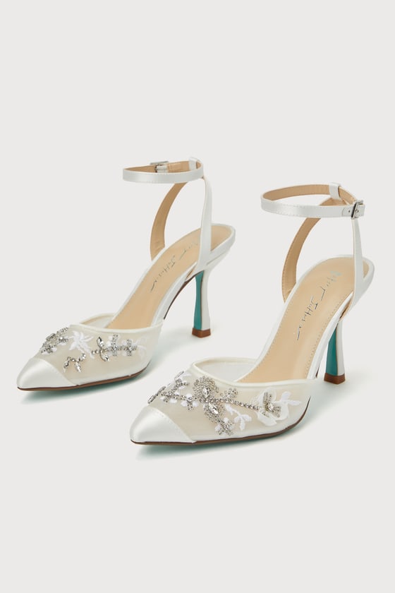SB-Micki Ivory Satin Rhinestone Ankle-Strap Pumps 1