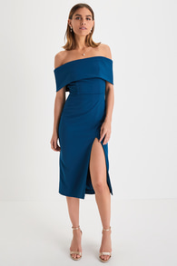 Luxe Attitude Dark Teal Blue Off-the-Shoulder Bodycon Midi Dress