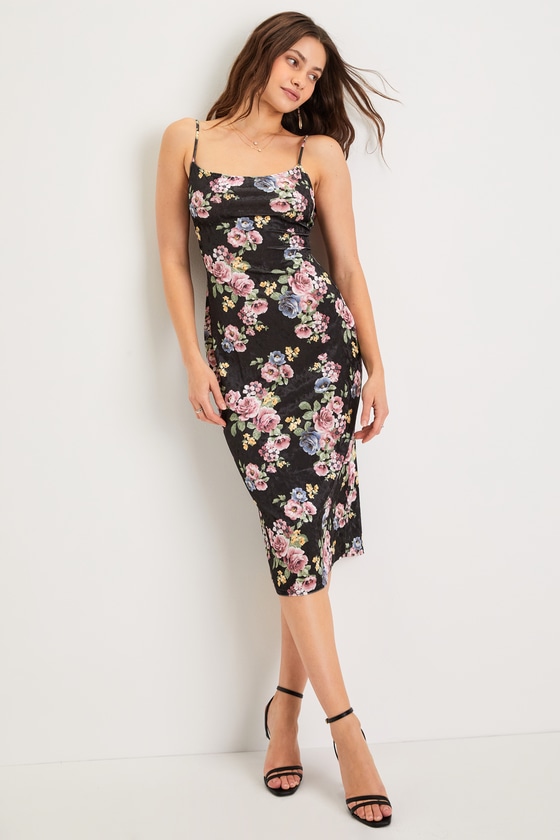 Sexy Black Floral Dress - Velvet Midi Dress - Backless Midi Dress - Lulus