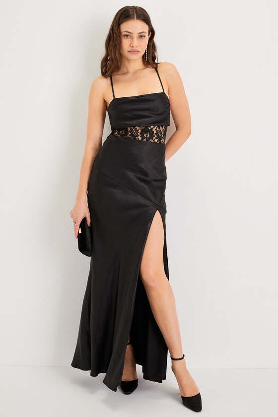 Lulus Romantic Intrigue Black Satin Lace Lace-up Maxi Dress