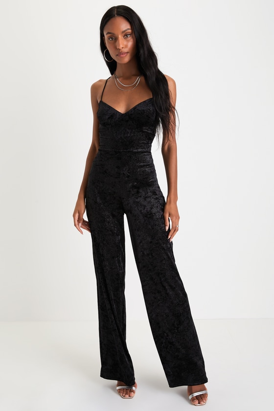 Lulus Certified Babe Black Velvet Glitter Lace-up Wide-leg Jumpsuit