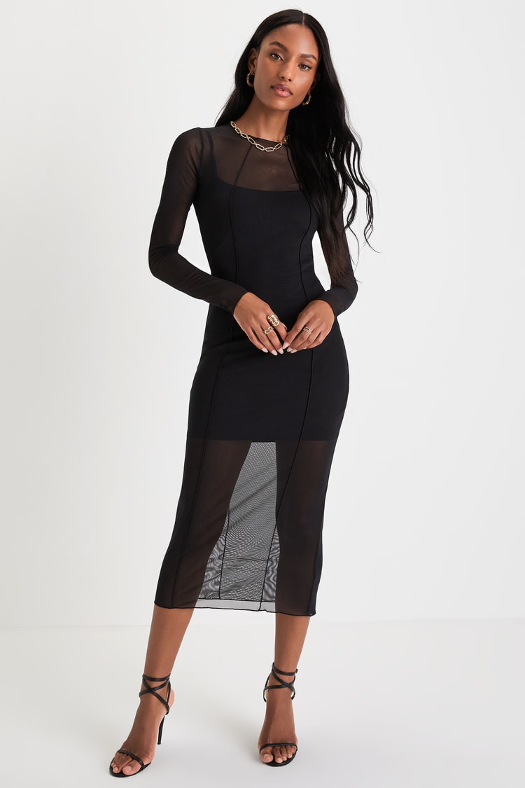 Trendy Black Dress - Sheer Mesh Dress - Long Sleeve Midi Dress - Lulus