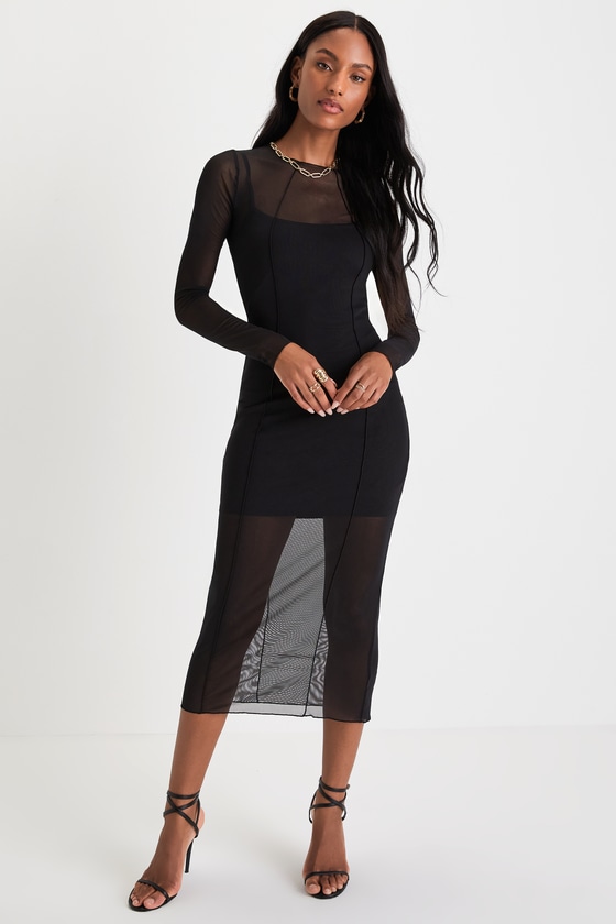 Easygoing Flirt Black Sheer Mesh Long Sleeve Midi Dress 3