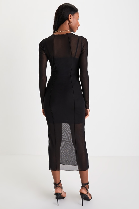 Trendy Black Dress - Sheer Mesh Dress - Long Sleeve Midi Dress - Lulus