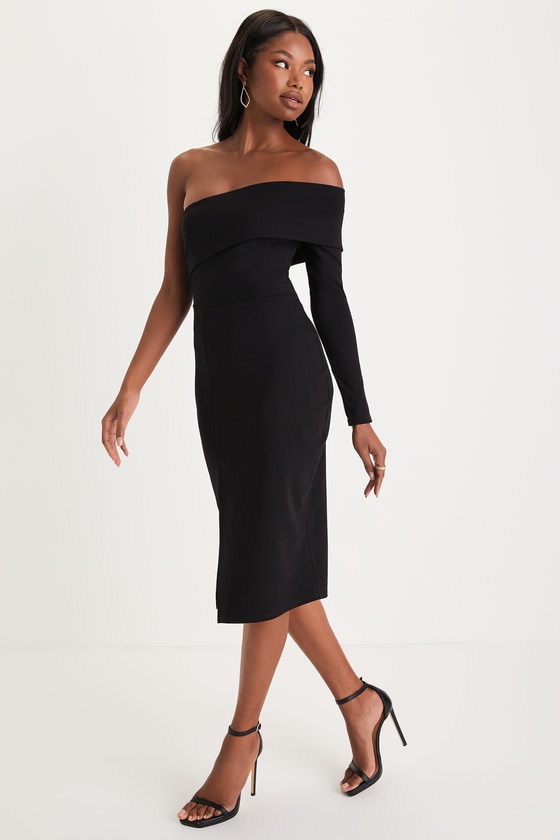 Lulus Elegant Charisma Black Off-the-shoulder Bodycon Midi Dress