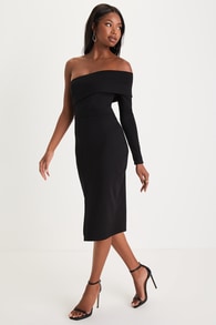 Elegant Charisma Black Off-the-Shoulder Bodycon Midi Dress