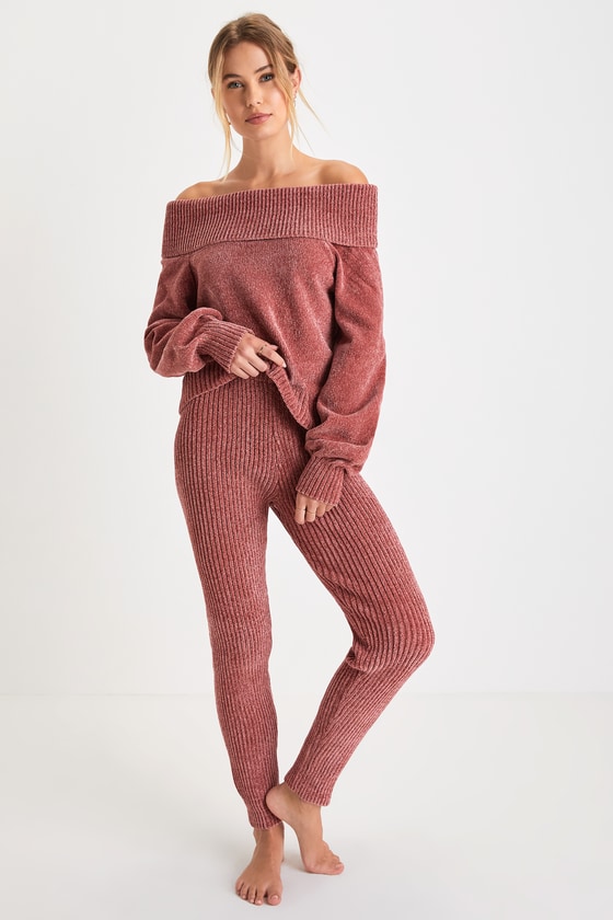 Pink Lounge Pants - Chenille Knit Pants - Cropped Sweater Pants