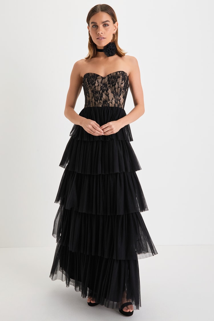 Black Tulle Dress - Strapless Lace Dress - Tiered Maxi Dress - Lulus