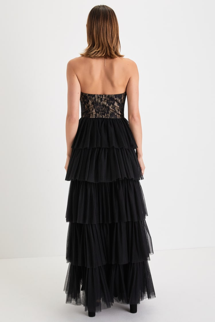 Sensational Darling Black Lace Tulle Tiered Strapless Maxi Dress