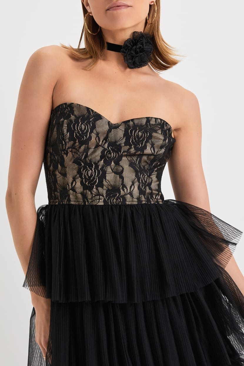 Sensational Darling Black Lace Tulle Tiered Strapless Maxi Dress