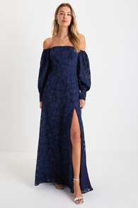 Radiantly Stunning Navy Blue Burnout Off-the-Shoulder Maxi Dress