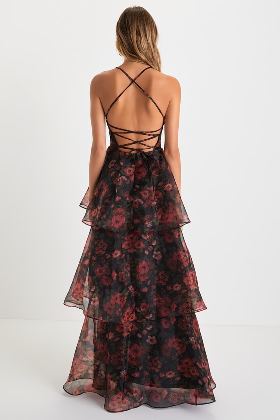 Black Floral Gown - Tiered Organza Gown - Lace-Up Maxi Dress