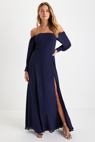 Feel the Romance Navy Blue Off-the-Shoulder Maxi Dress