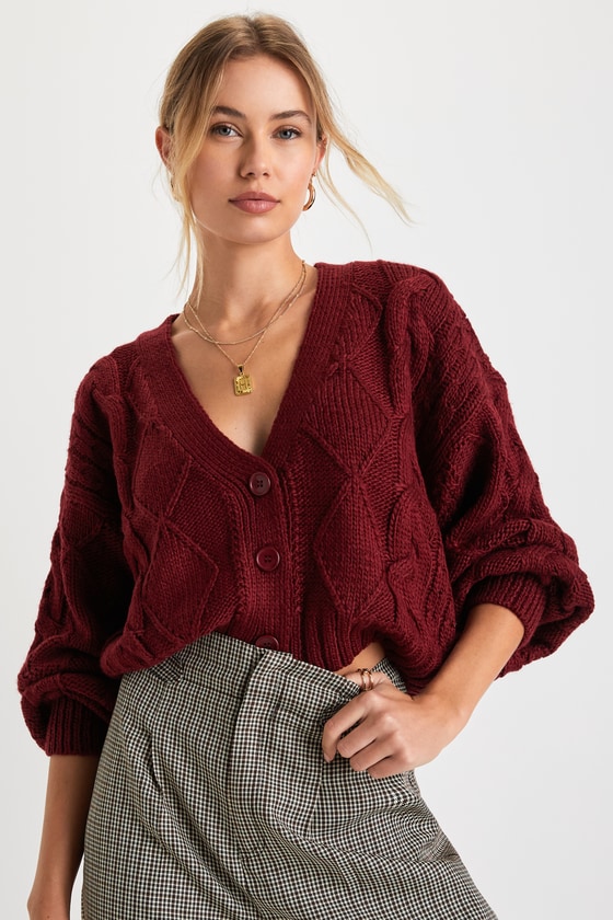 Cabin Charm Wine Red Cable Knit Cardigan Sweater 6