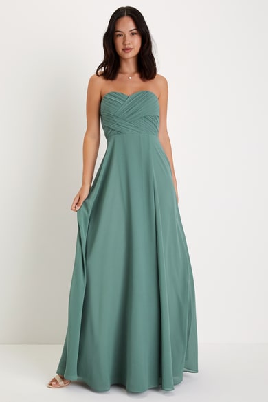 Teal Blue Satin Dress - Strapless Maxi Dress - Pleated Maxi Dress - Lulus