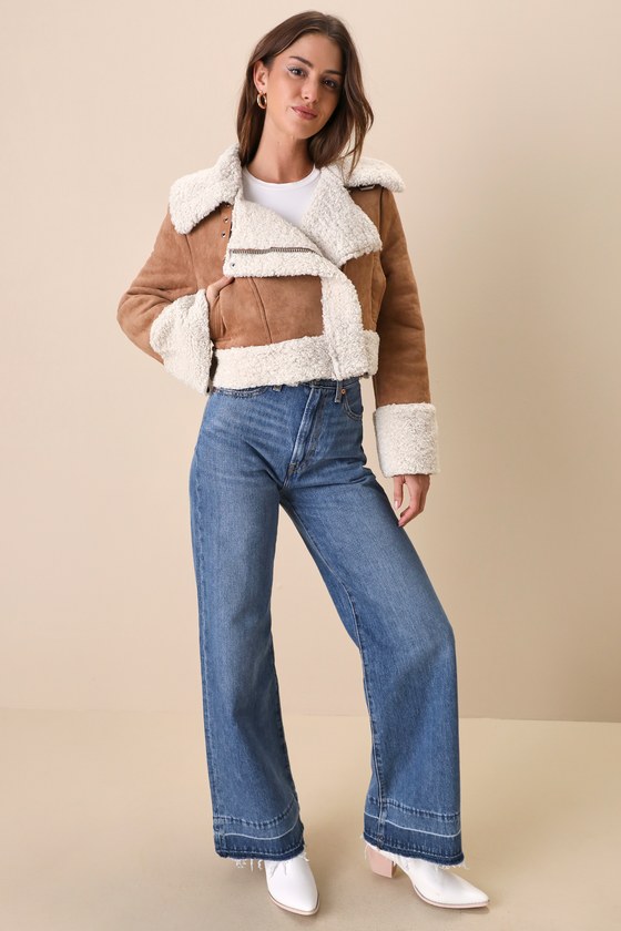Coziest Trend Tan Faux Suede Shearling Cropped Moto Jacket 2