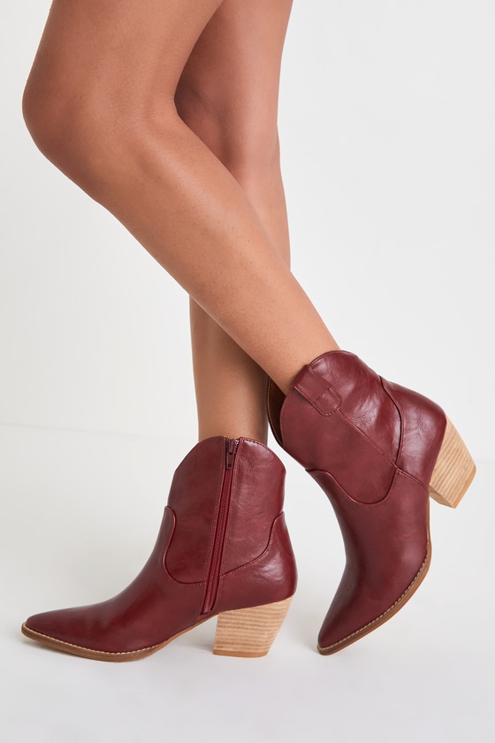 Clarietta Burgundy Pointed-Toe Western Ankle Booties 4