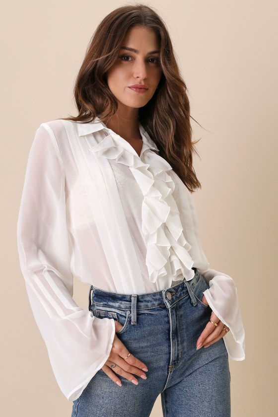 STEVE MADDEN AURORA WHITE SHEER RUFFLED COLLARED BUTTON-UP TOP