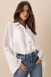 Aurora White Sheer Ruffled Collared Button-Up Top