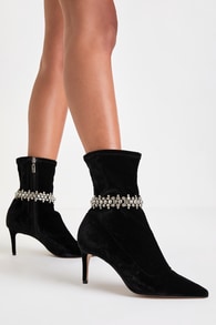 Marion Black Velvet Rhinestone Pointed-Toe High Heel Boots