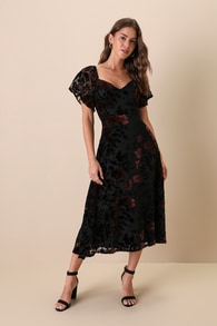 Lovely Purpose Black Velvet Floral Burnout Lace-Up Midi Dress 1