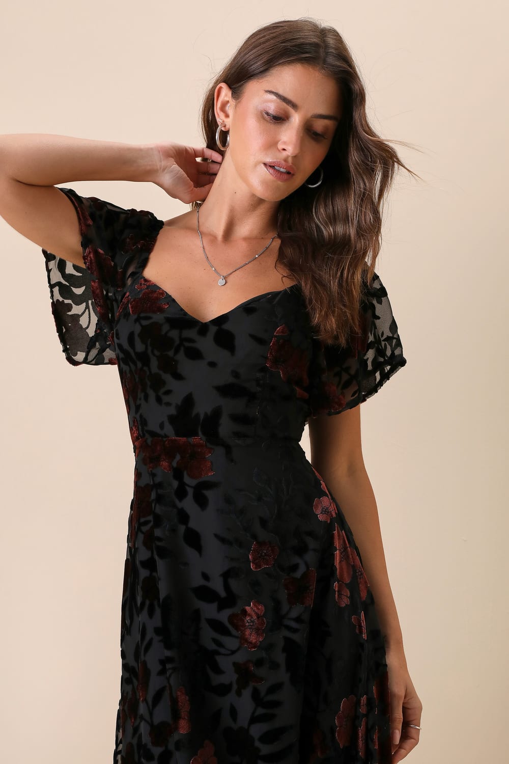 Lovely Purpose Black Velvet Floral Burnout Lace-Up Midi Dress