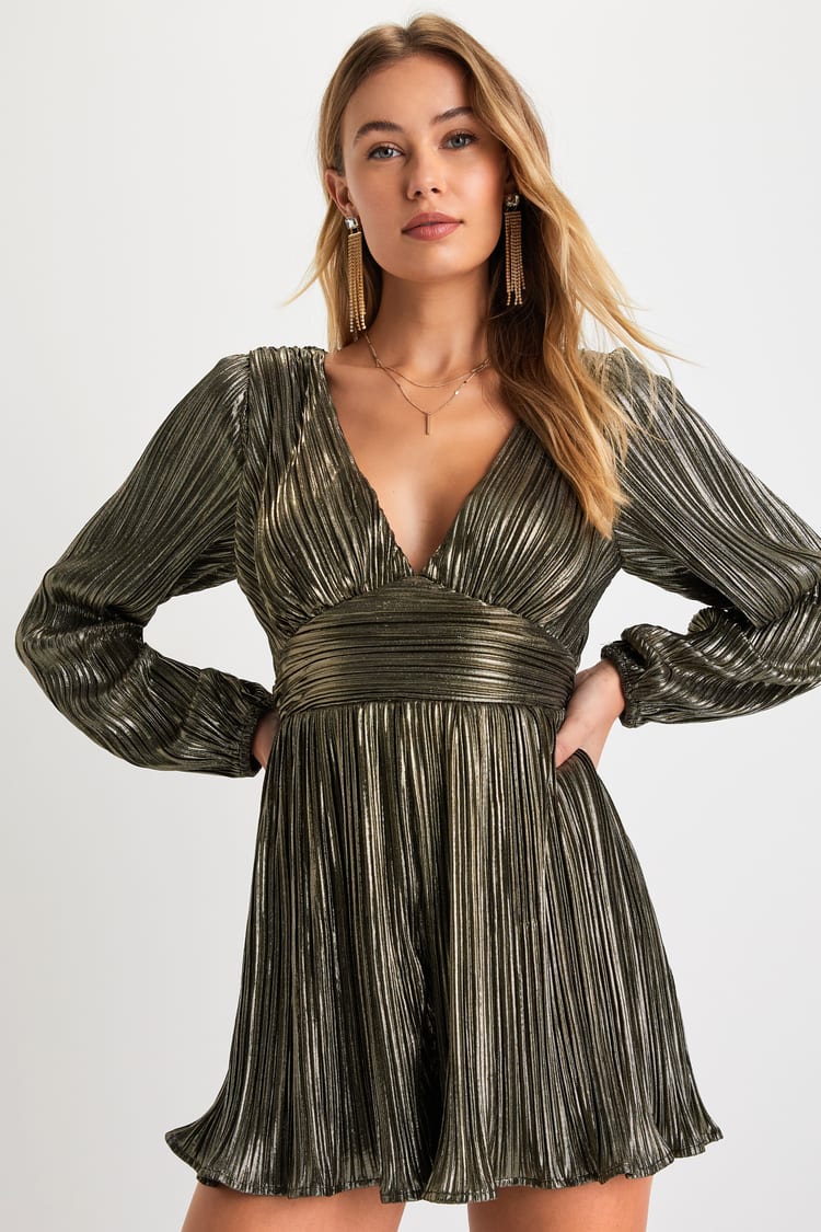 Gold Pleated Romper - Plisse Romper - Shiny Gold Romper