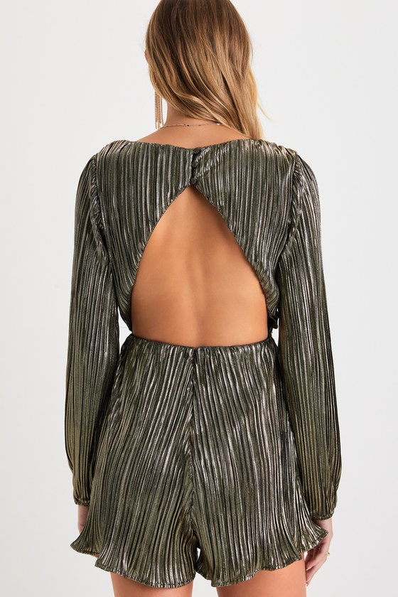 Plisse and Thank You Gold Pleated Long Sleeve Backless Romper 7
