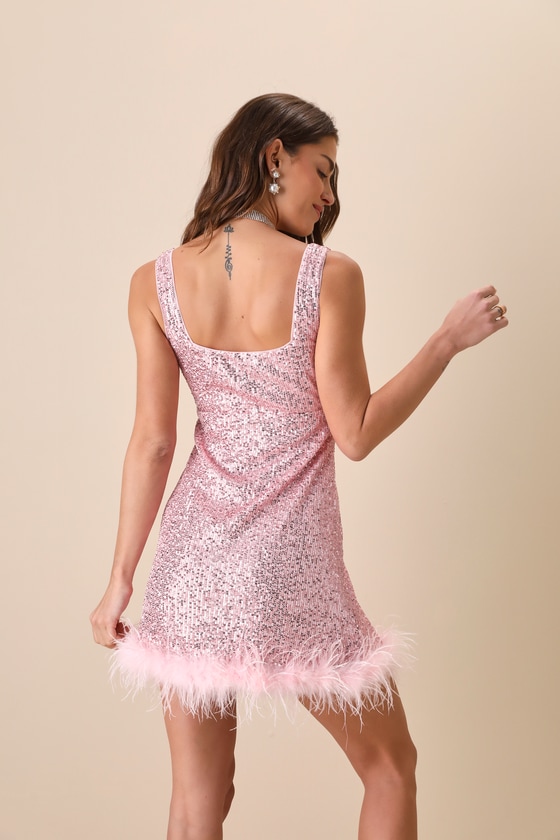 Popular Invite Pink Sequin Mesh Feather Mini Dress 5