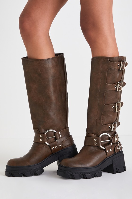 Zahira Brown Belted Platform Knee-High Moto Boots 1