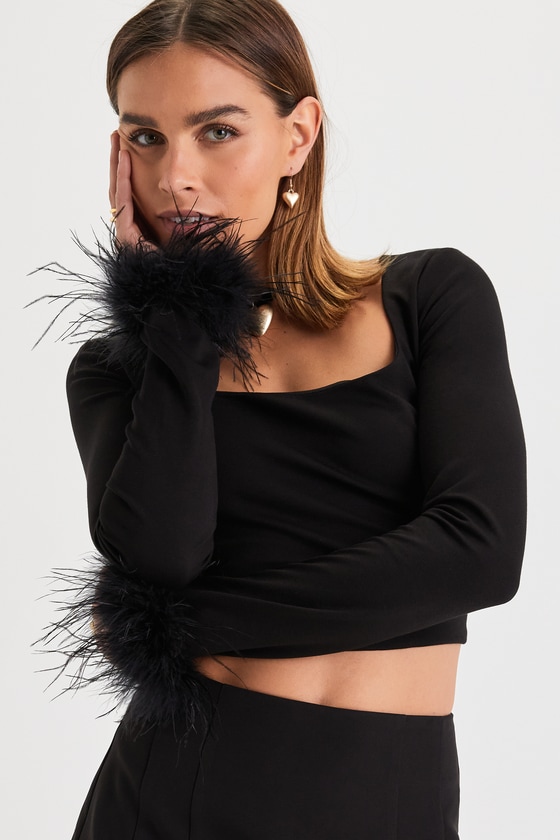 Chic Black Crop Top Long Sleeve Top FeatherTrimmed Top Lulus